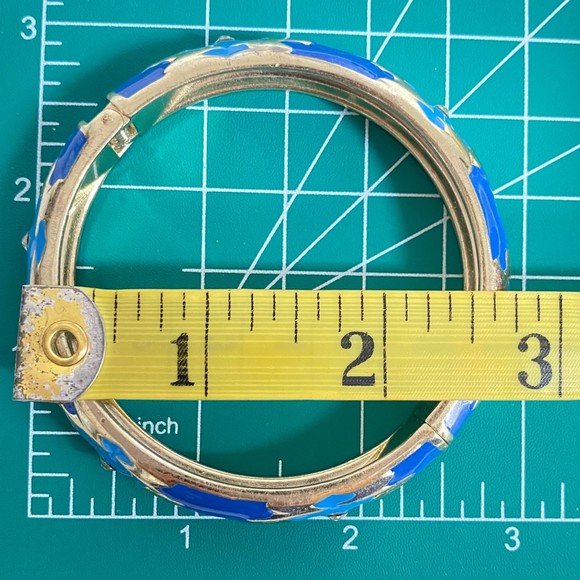 Sequin Bangle Bracelet Blue Abstract Cloisonne Enamel Hinged - Picture 5 of 7